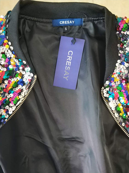 Women's Sequin Fitted Long Sleeve Zipper Blazer Bomber Jacket-rainbow M