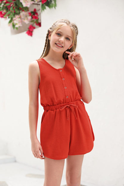 Girls Summer Rompers Button Down Sleeveless Scoop Neck One Piece Jumpsuit Adjustable Waist Shorts with Pockets Orange Red 11-12 Years