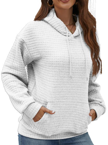 Women Casual Comfortable Sweatshirt Drawstring Waffle Knit Ladies Hooded Sweaters Trendy Midweight Fall Pullover Tops 2024 Winter Clothes(White,L)