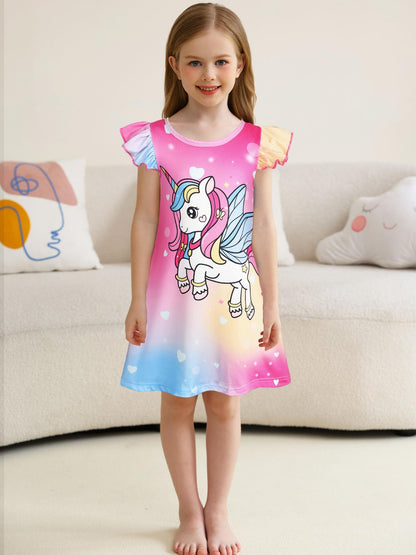 2Pcs Girls Pajamas Night Gowns Unicorn Dress Princess Nightdress Sleepwear Nightgowns for Toddler Girls Size 4-5T