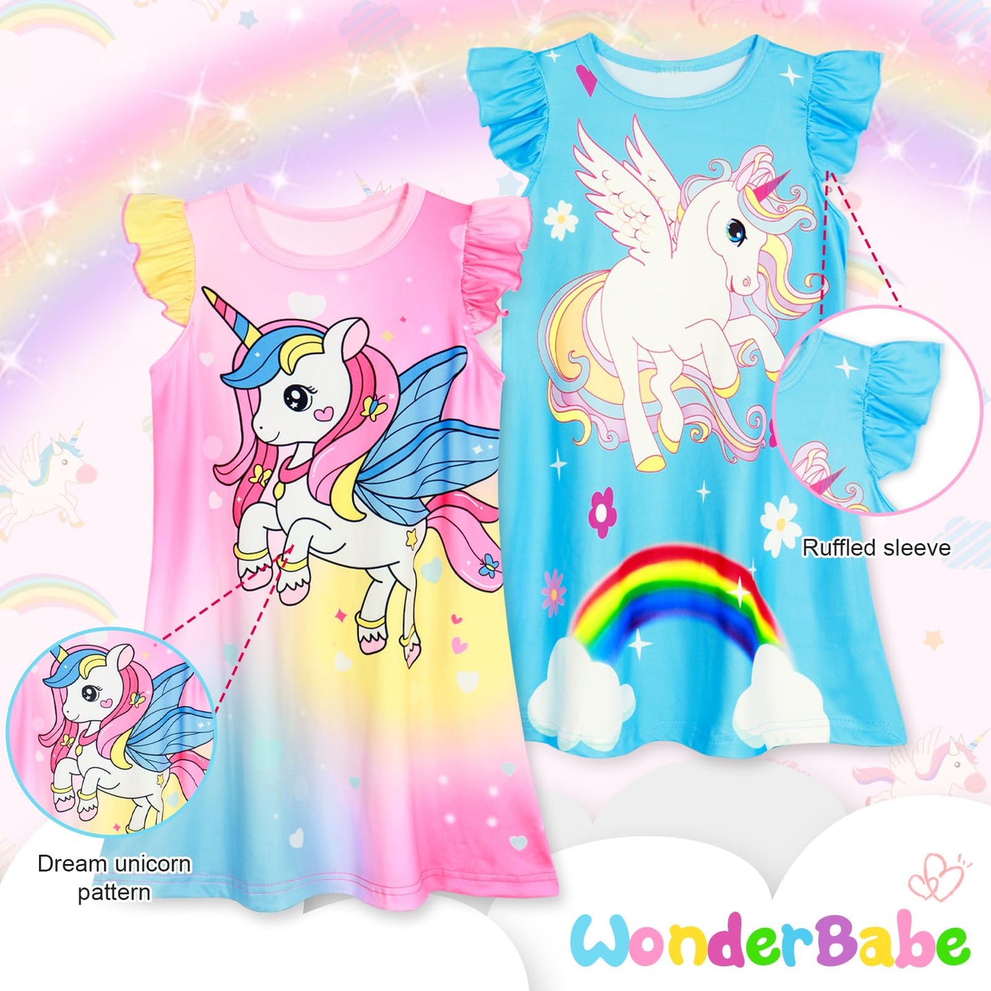 2Pcs Girls Pajamas Night Gowns Unicorn Dress Princess Nightdress Sleepwear Nightgowns for Toddler Girls Size 4-5T