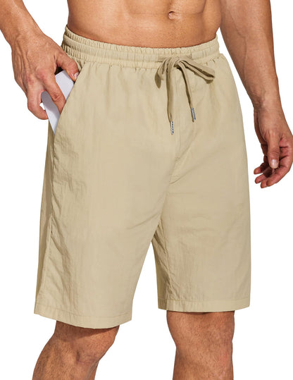 Men's Beach Shorts Casual 8" Relaxed Fit Summer Shorts Lightweight Elastic Waist Drawstring Shorts Khaki