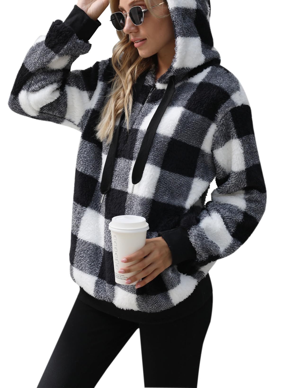 Womens Sherpa Pullover Tie Dye Fuzzy Hoodie Double Fleece Sweatshirts Fluffy Oversized Plaid Outerwear(Black Plaid,3XL)