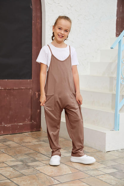 Jumpsuits Spaghetti Strap Sleeveless Loose Romper Long Pants with Pockets Kids Clothes Khaki