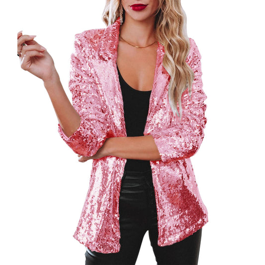 Women Evening Party Slim Fit Shiny Sparkly Boat Neck Suit Jacket Pink M