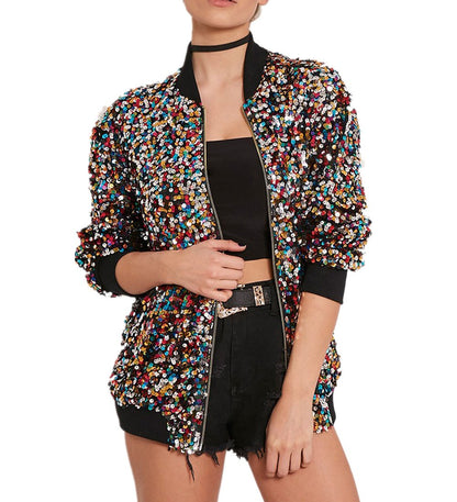 Women's Sequin Fitted Long Sleeve Zipper Blazer Bomber Jacket-rainbow M