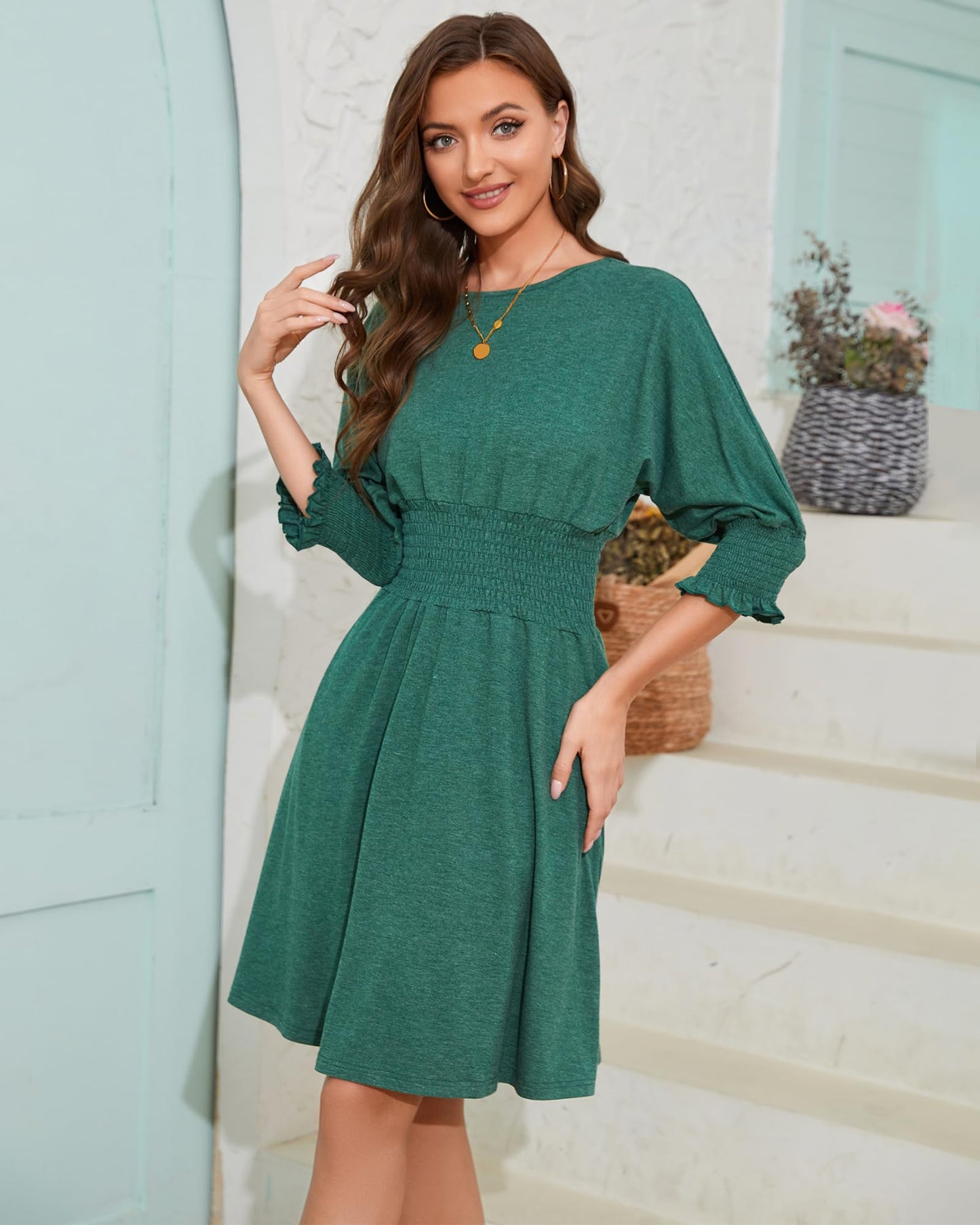 Womens Casual Dresses 3/4 Sleeve Smocked Dress Crew Neck Elastic Waist Flare Fall Knee Length Dresses with Pocket Cyan Medium