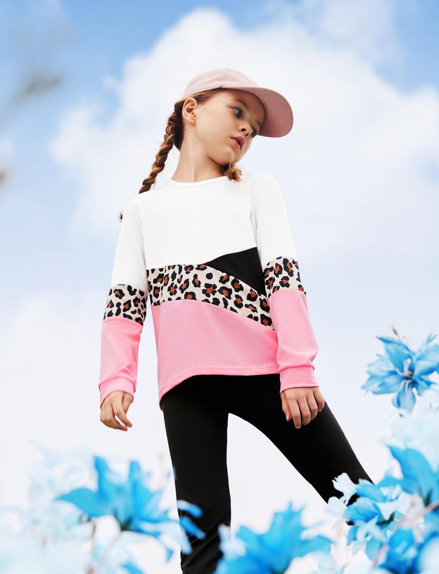 Girls 2 Piece Outfits Leopard Color Block Tee Crew Neck Top Black Legging Girl Sweatpants Sweatsuits Tracksuits ColorBlock 10-11 Years