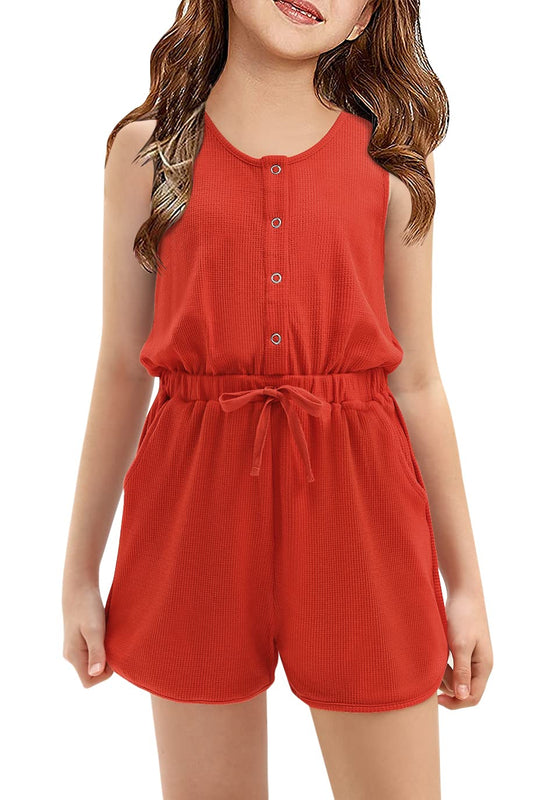 Girls Summer Rompers Button Down Sleeveless Scoop Neck One Piece Jumpsuit Adjustable Waist Shorts with Pockets Orange Red 11-12 Years