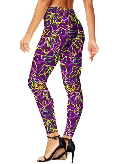 Womens Mardi Gras Leggings Fat Tuesday Beads New Orleans High Waist Footless Tight Pants S