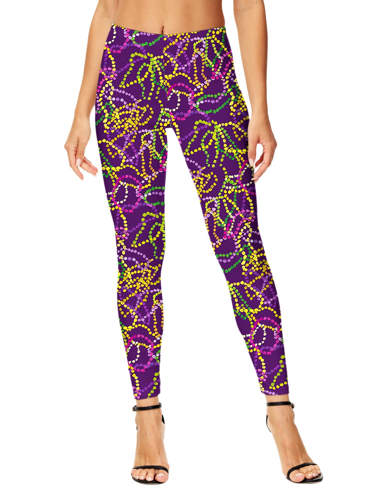 Womens Mardi Gras Leggings Fat Tuesday Beads New Orleans High Waist Footless Tight Pants S