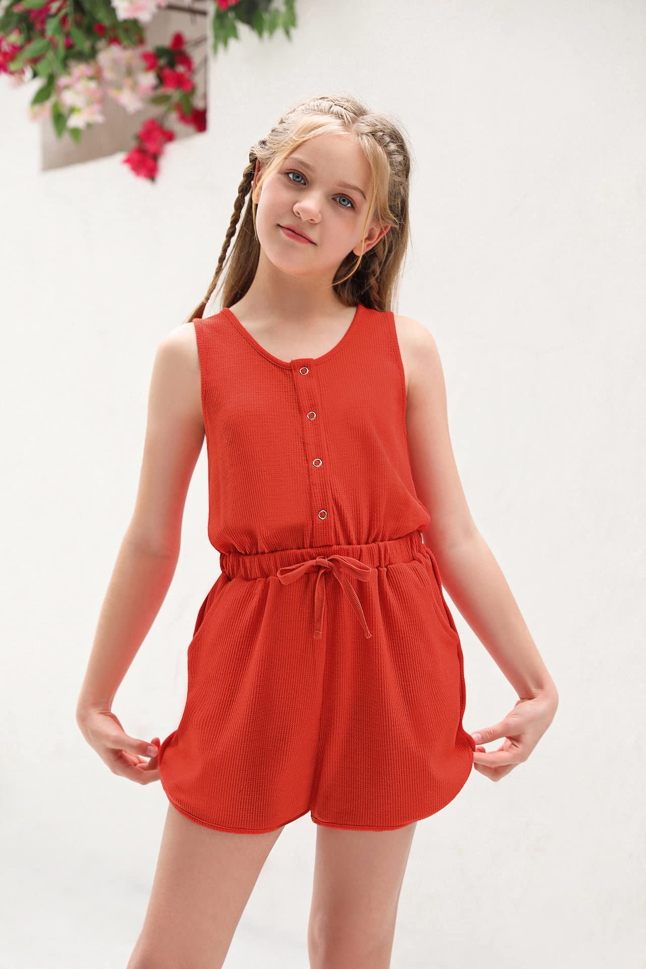 Girls Summer Rompers Button Down Sleeveless Scoop Neck One Piece Jumpsuit Adjustable Waist Shorts with Pockets Orange Red 11-12 Years