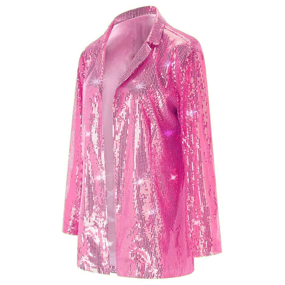 Women Evening Party Slim Fit Shiny Sparkly Boat Neck Suit Jacket Pink M