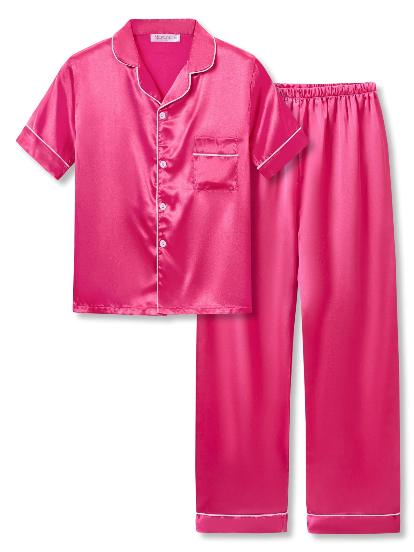 Pink Pajama Set for Teen Girls – Satin Short Sleeve & Pants Button Down Girl PJ Set Size 14