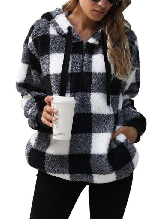 Womens Sherpa Pullover Tie Dye Fuzzy Hoodie Double Fleece Sweatshirts Fluffy Oversized Plaid Outerwear(Black Plaid,3XL)