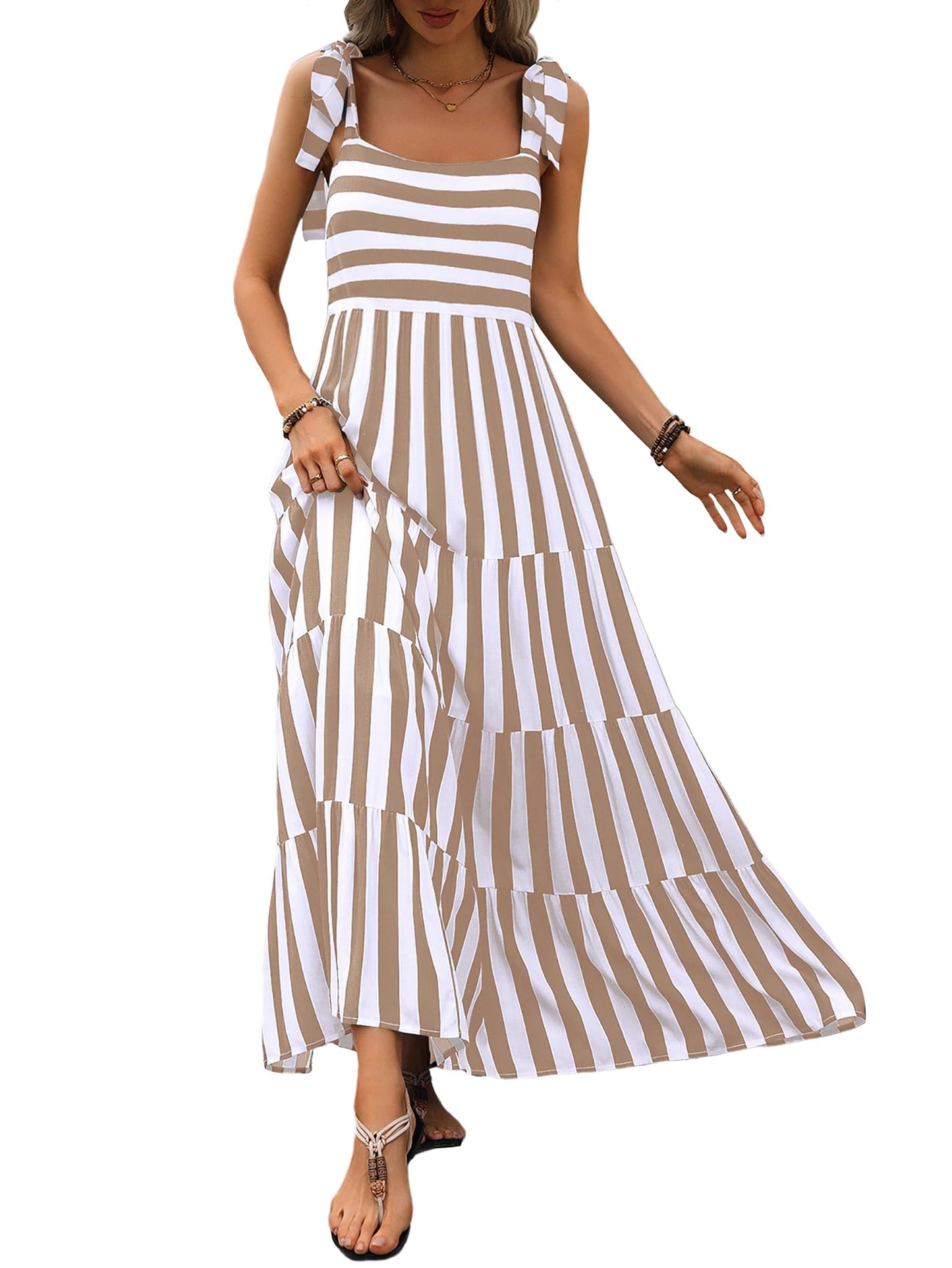 Women Dresses 2024 Summer Striped Sleeveless Maxi Dress Casual Spaghetti Strap Tiered Flowy Beach Long Dress(Striped Khaki,Large)