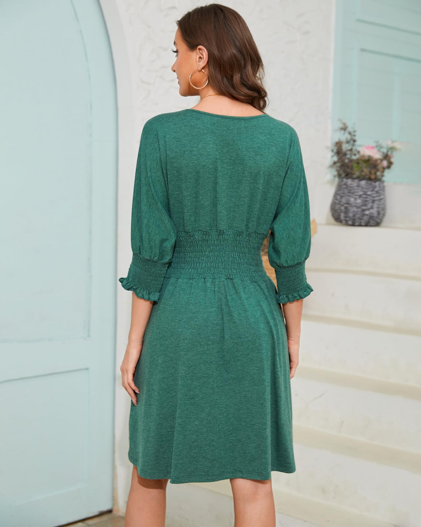 Womens Casual Dresses 3/4 Sleeve Smocked Dress Crew Neck Elastic Waist Flare Fall Knee Length Dresses with Pocket Cyan Medium