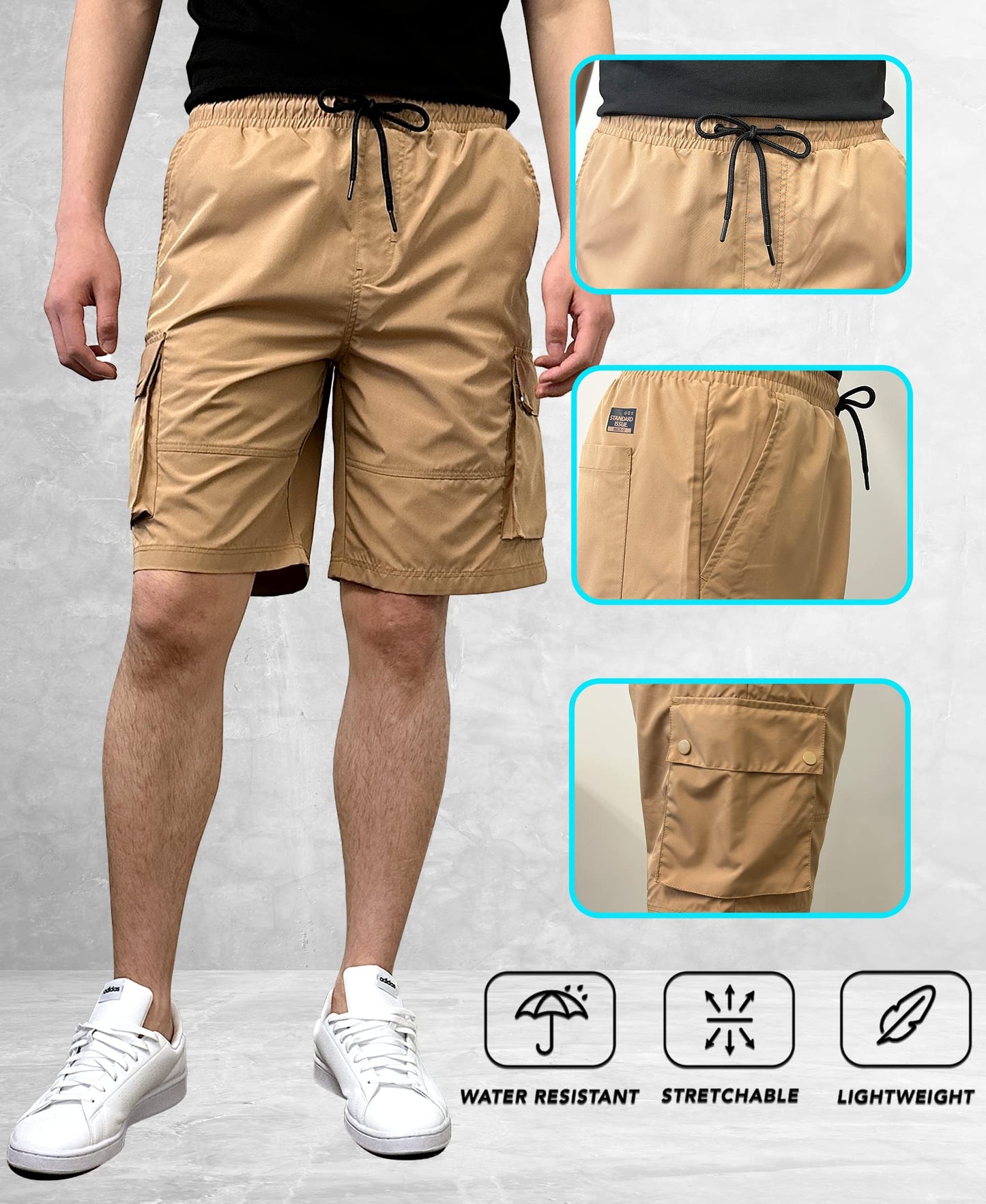 Men's Quick Dry Water Resistant Cargo Shorts, Inseam 9", Sand