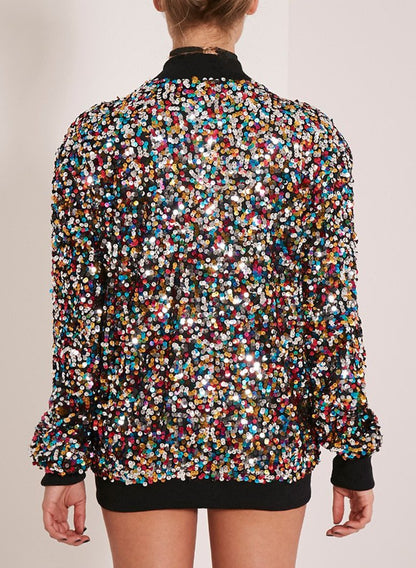 Women's Sequin Fitted Long Sleeve Zipper Blazer Bomber Jacket-rainbow M