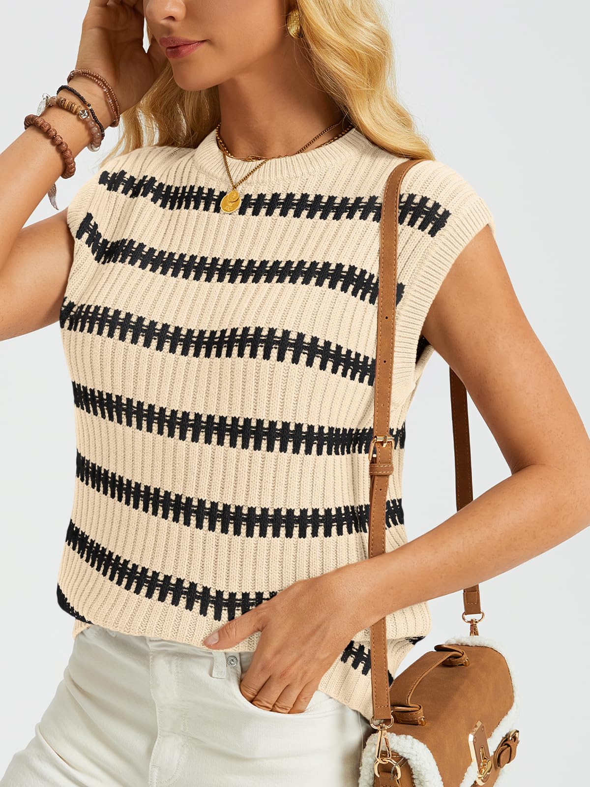 Sweater Tank Tops for Women Fall Striped Knit Vest Tops 2024 Trendy Fashion Crew Neck Outfits