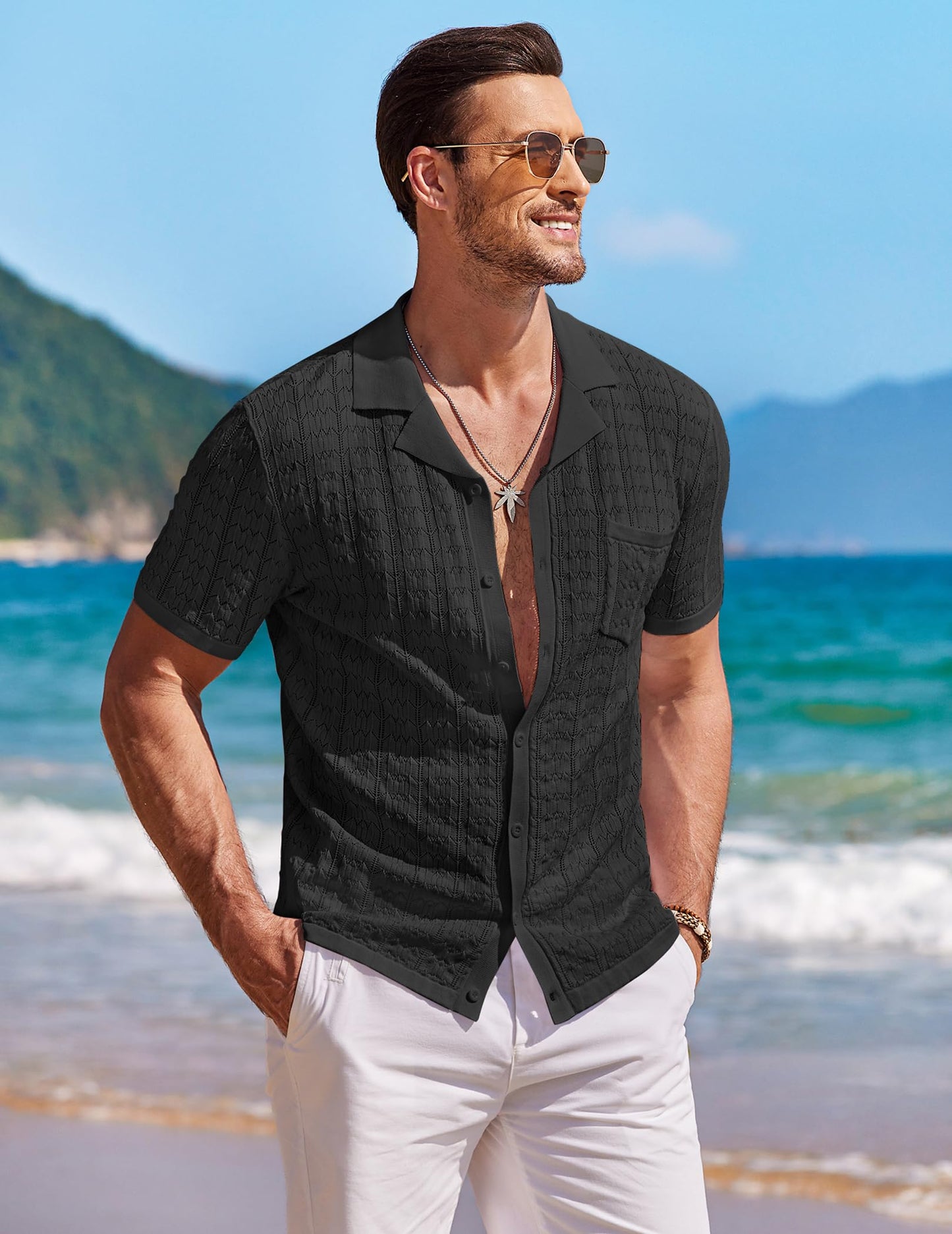 Men's Knit Button Down Shirt Vintage Short Sleeve Polo Shirts Casual Beach Shirts Top Black