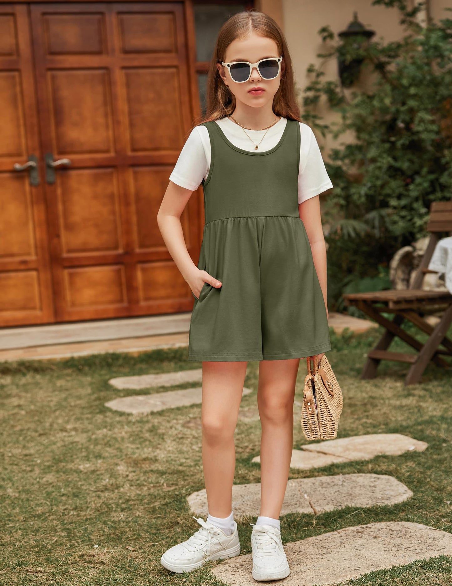 Girls Jumpsuit Romper Sleeveless Cute Short Casual Plain Color Overalls with Side Pockets for 7-8 Years