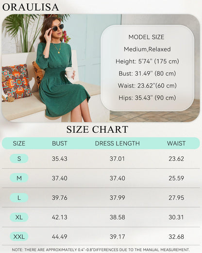 Womens Casual Dresses 3/4 Sleeve Smocked Dress Crew Neck Elastic Waist Flare Fall Knee Length Dresses with Pocket Cyan Medium