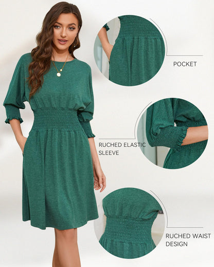 Womens Casual Dresses 3/4 Sleeve Smocked Dress Crew Neck Elastic Waist Flare Fall Knee Length Dresses with Pocket Cyan Medium