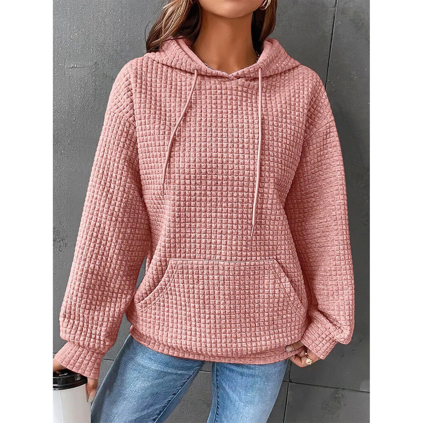 Women's Oversized Hoodies Casual Basic Waffle Long Sleeve Pullover Tops Solid Hooded Sweatshirt with Pocket Pink