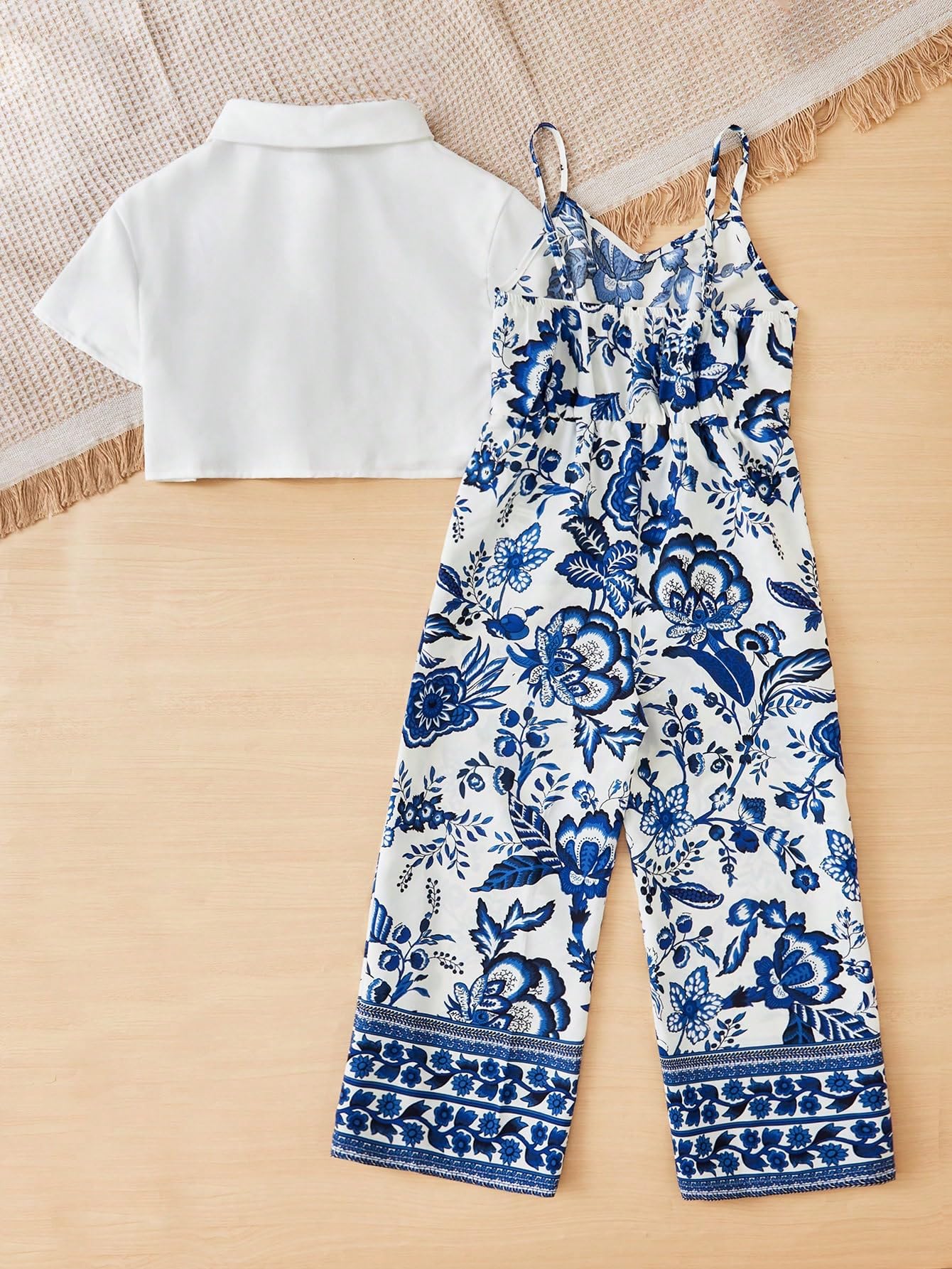 Girl's 2 Piece Outfits Short Sleeve Button Down Shirt Crop Top and Wide Leg Pants Jumpsuit Set Blue White Floral 12 Years