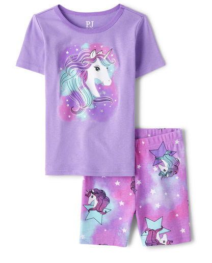 Place Girls Sleeve Top and Shorts, Snug Fit 100% Cotton, 2 Piece Pajama Set, Purple Unicorn, 8