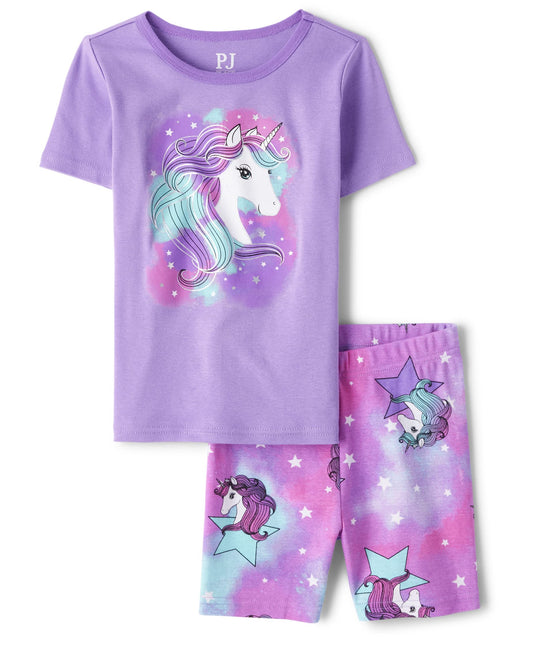 Place Girls Sleeve Top and Shorts, Snug Fit 100% Cotton, 2 Piece Pajama Set, Purple Unicorn, 8