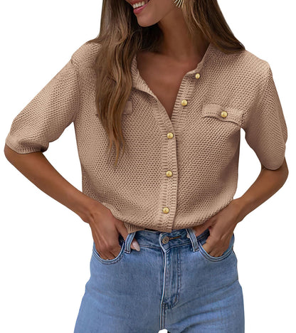 Women's Summer Button Down Shirts Casual Short Sleeve Crew Neck Ribbed Knit Blouse Top Cardigans (Camel,Small)