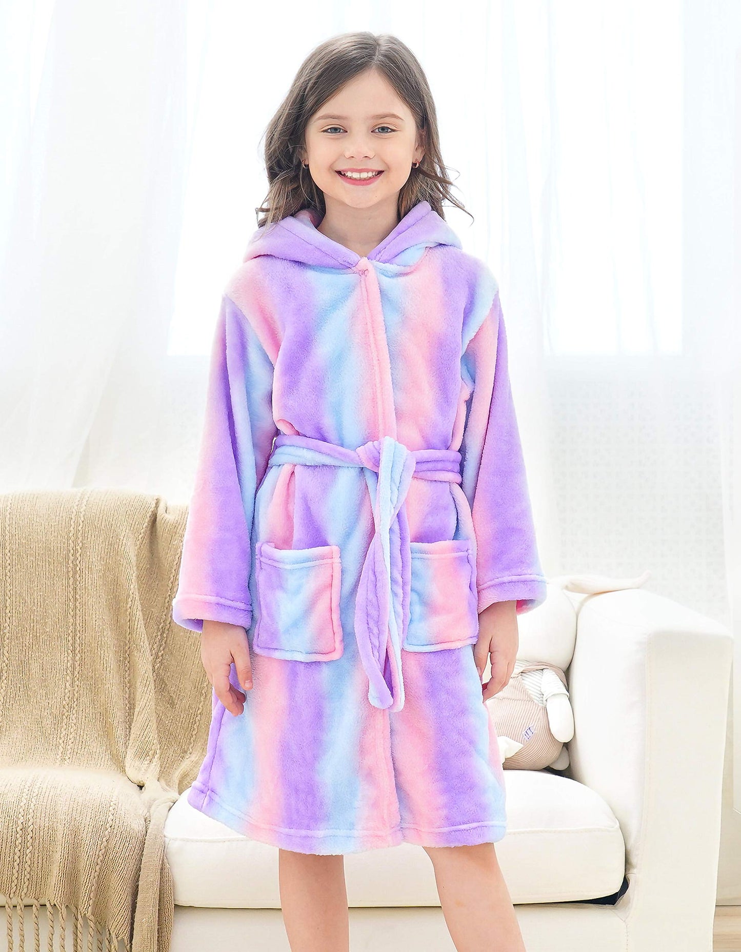 Unicorn Soft Hooded Rainbow Bathrobe Sleepwear for Girls (Bright Purple, 7-9 Years)