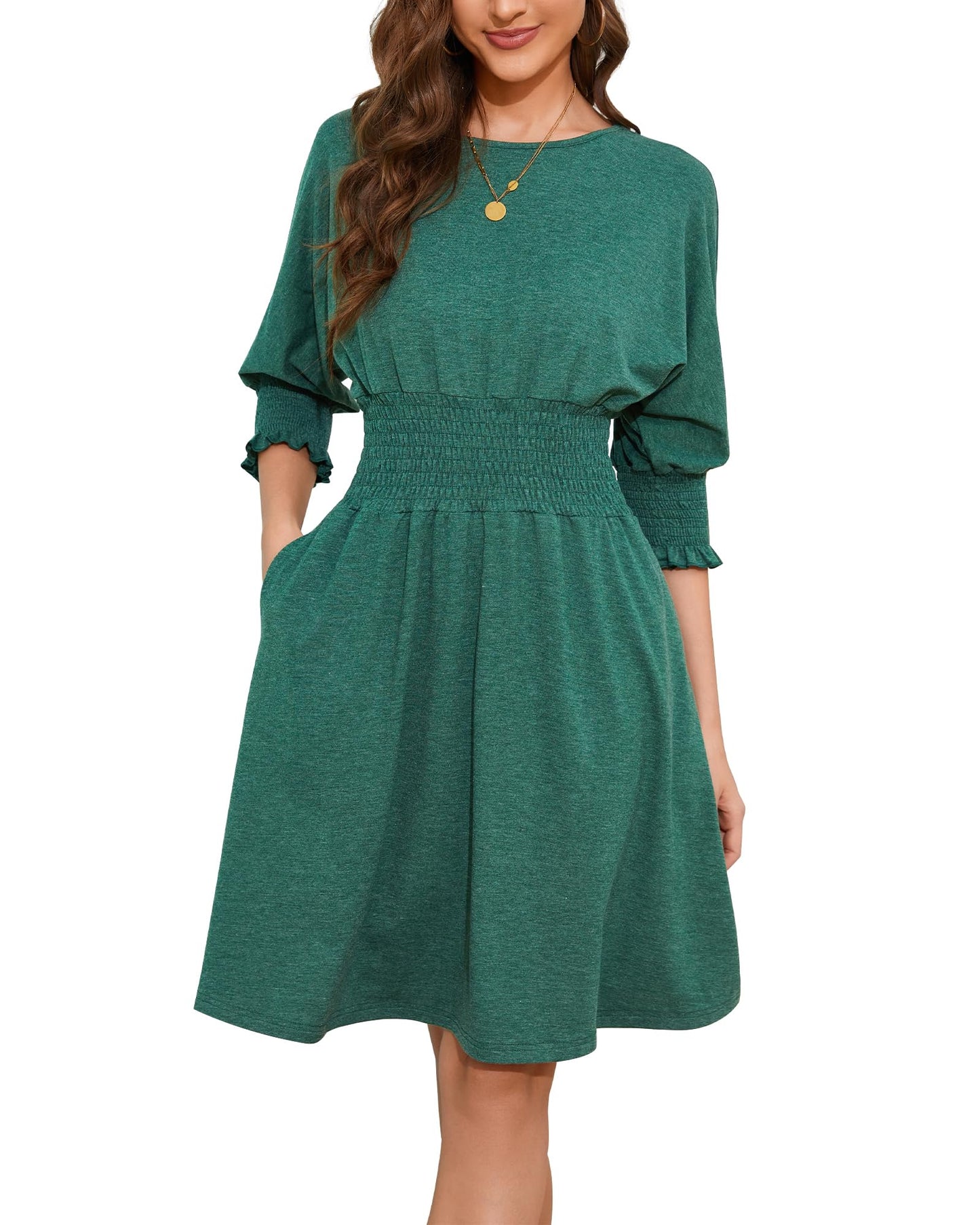 Womens Casual Dresses 3/4 Sleeve Smocked Dress Crew Neck Elastic Waist Flare Fall Knee Length Dresses with Pocket Cyan Medium