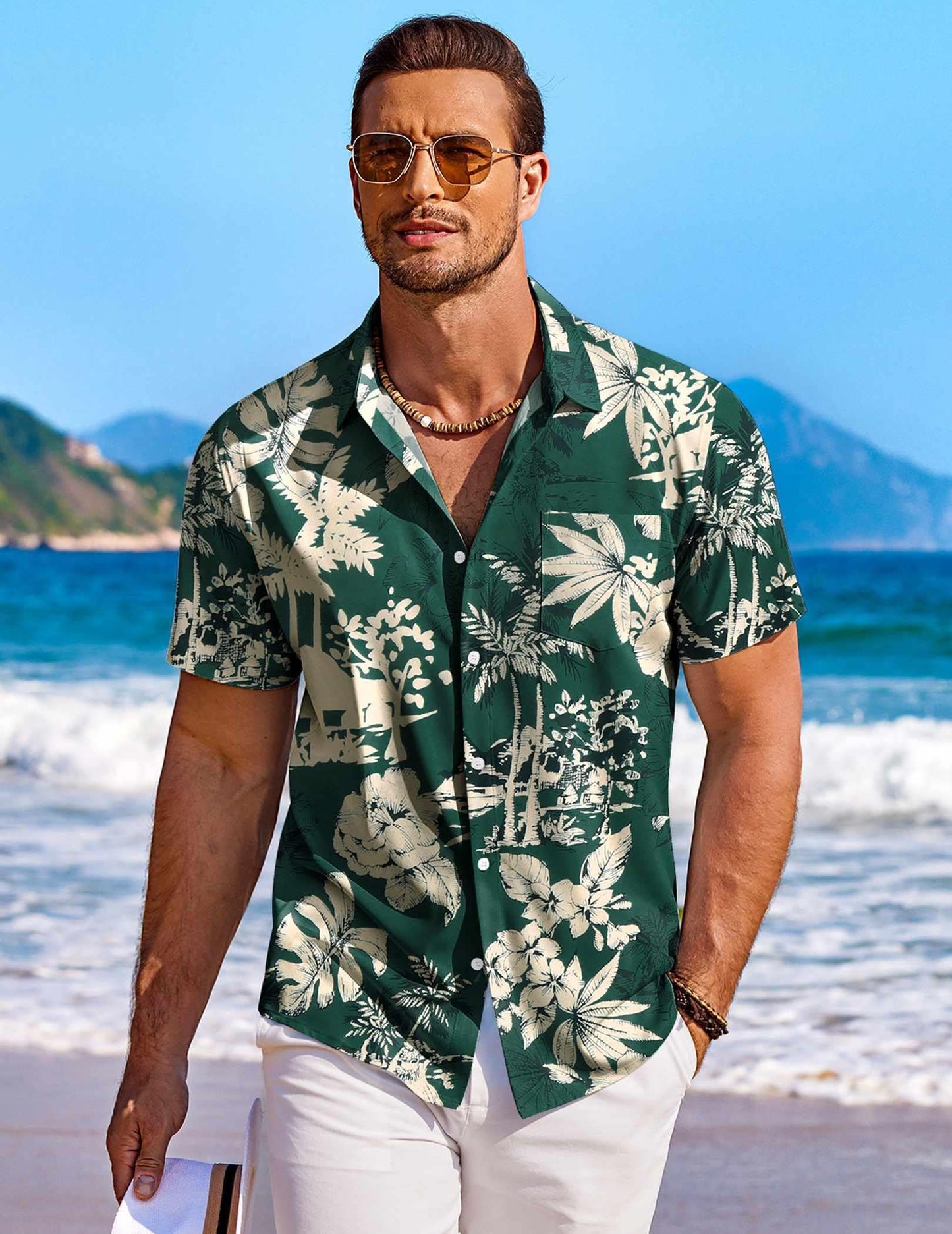 Men's Short Sleeve Button Down Shirts Wrinkle Free Hawaiian Shirts for Men, Green - Palm Tree, Large