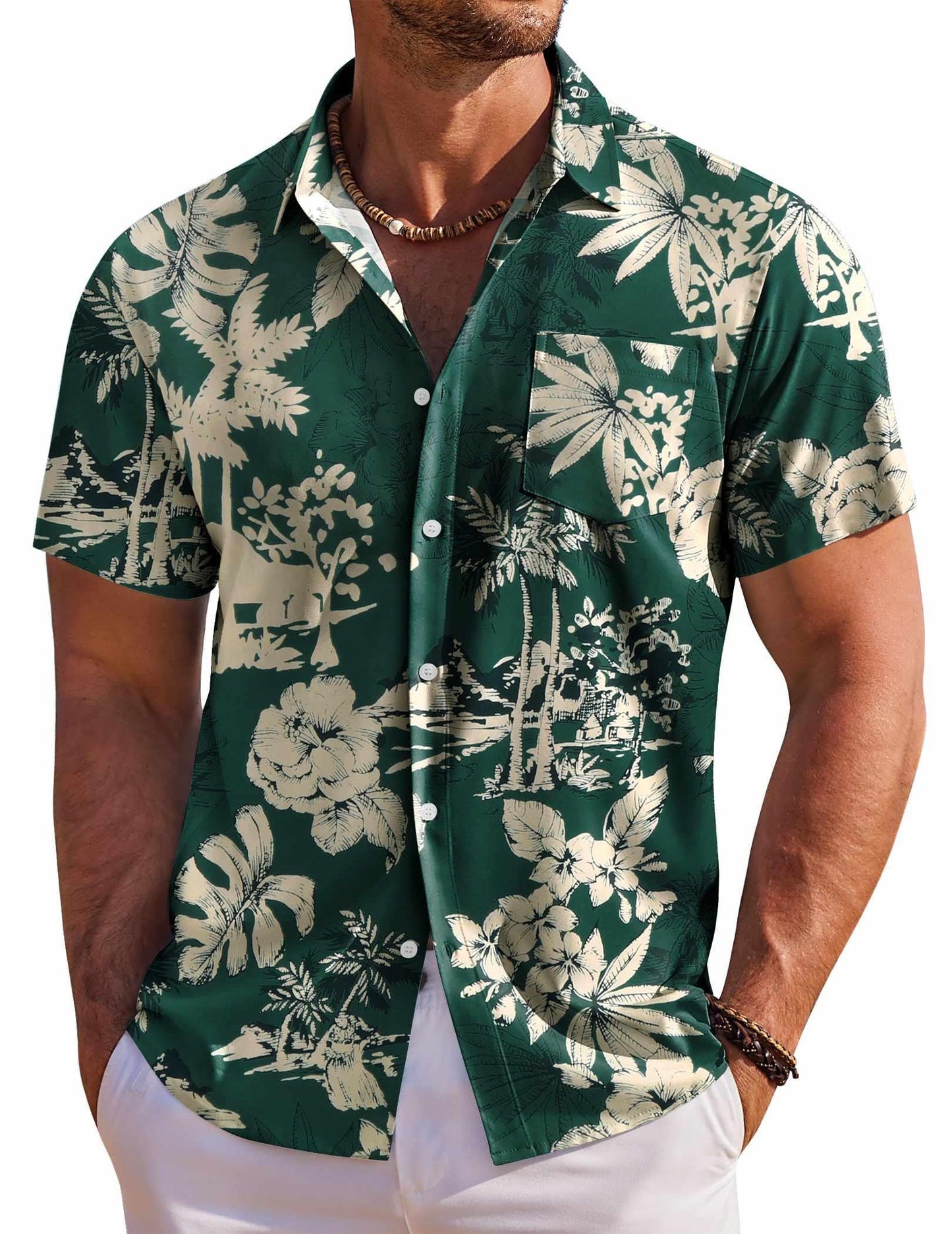 Men's Short Sleeve Button Down Shirts Wrinkle Free Hawaiian Shirts for Men, Green - Palm Tree, Large