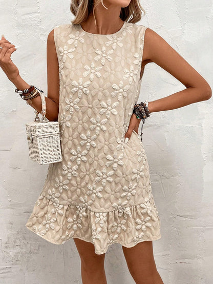 Women's Ruffle Hem sleeveless Tank dress Round Neck Casual Smock summer Mini Dresses Plain Beige M