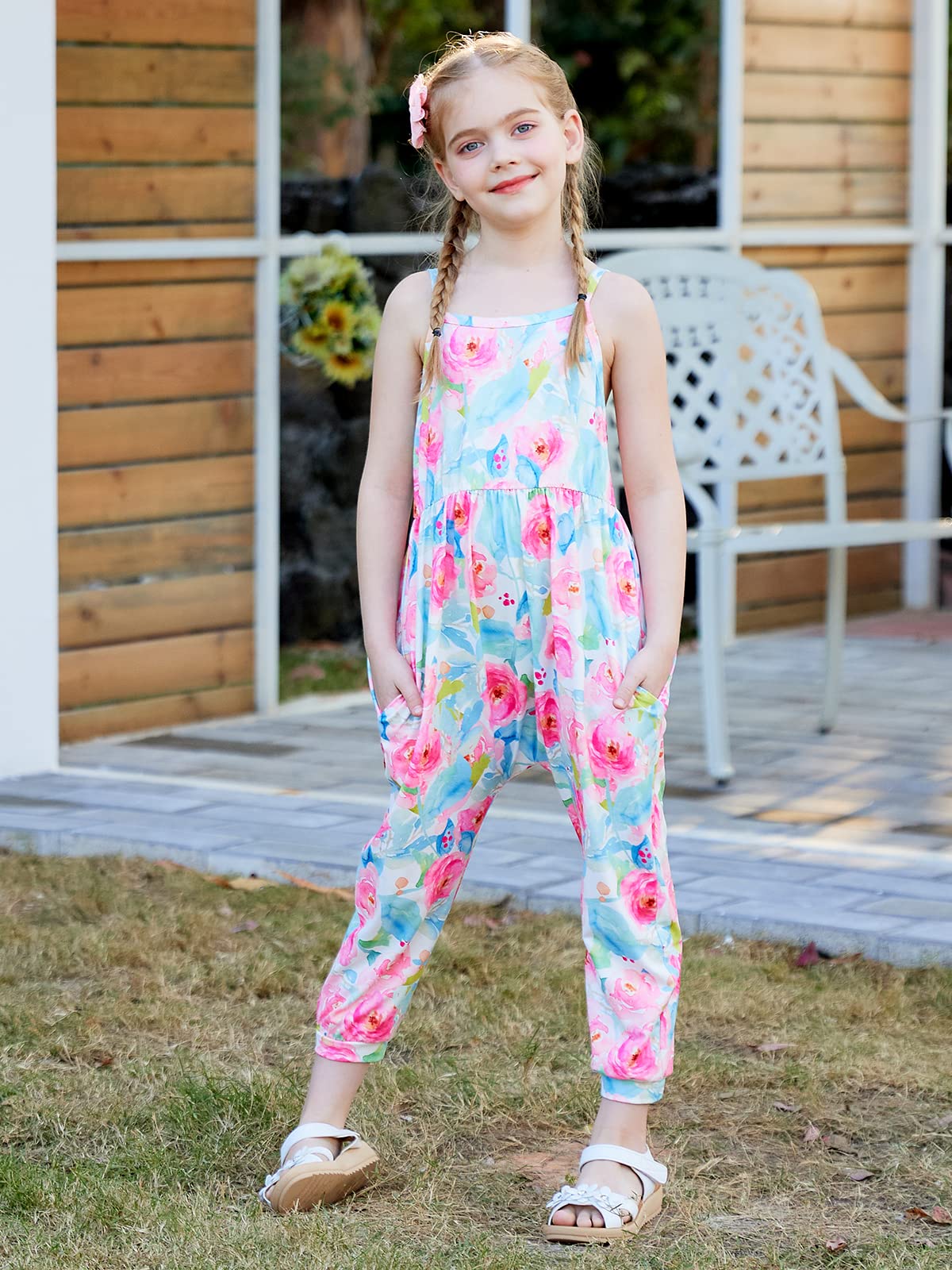 Yousie 3t 4t Girl Clothes Summer Floral Toddler Jumpsuit Strap Romper Outfit with Pocket