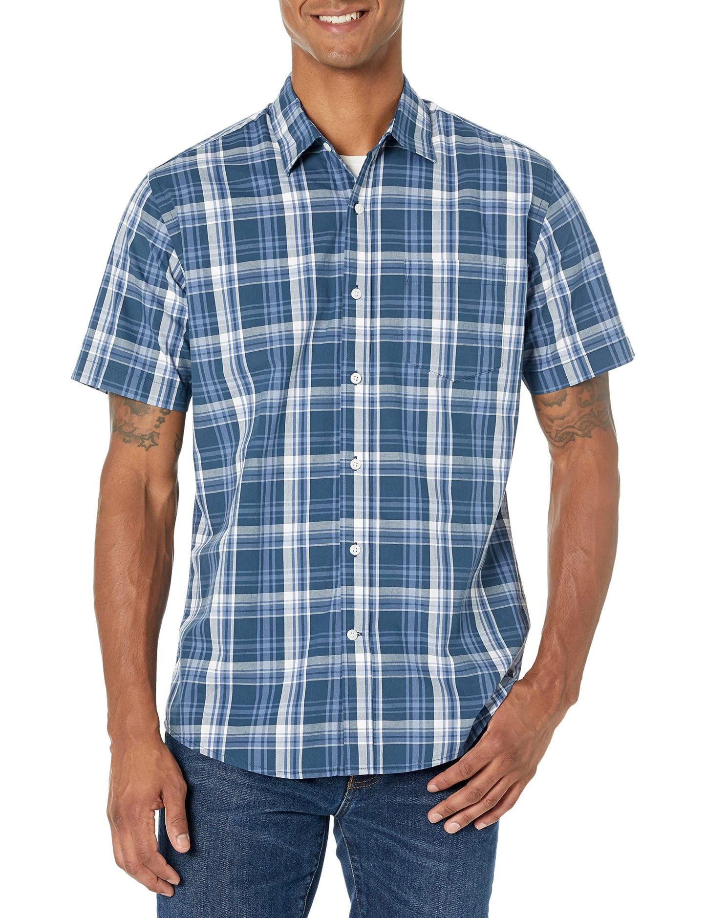 Men's Regular-Fit Short-Sleeve Poplin Shirt, Navy Medium Plaid, X-Large