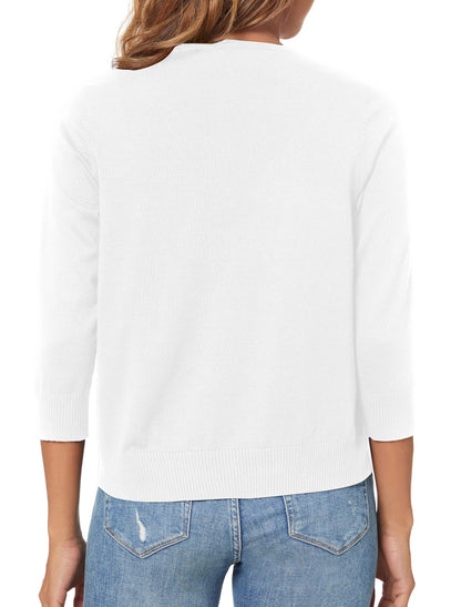 Women's 3/4 Sleeve Shrugs Open Front Cropped Sweater Caidigan (White, L)