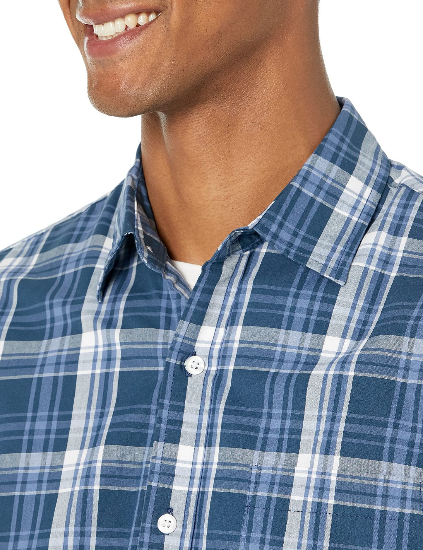 Men's Regular-Fit Short-Sleeve Poplin Shirt, Navy Medium Plaid, X-Large