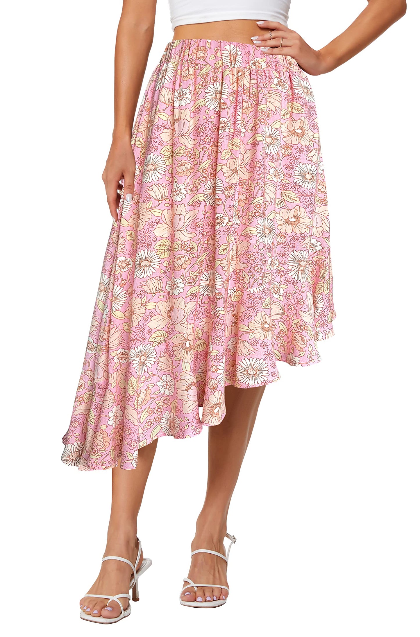 Women's Boho Floral High Waisted High Low Asymmetric Hem Midi Skirt (Large, Pink)