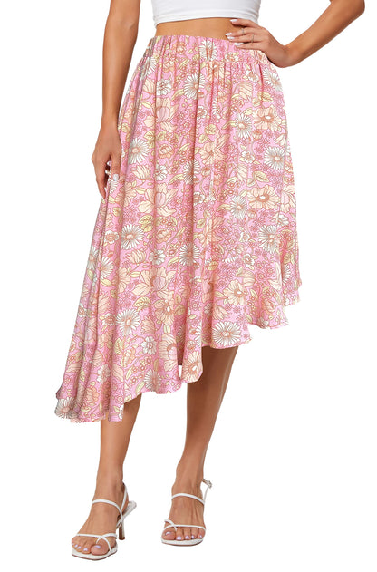 Women's Boho Floral High Waisted High Low Asymmetric Hem Midi Skirt (Large, Pink)