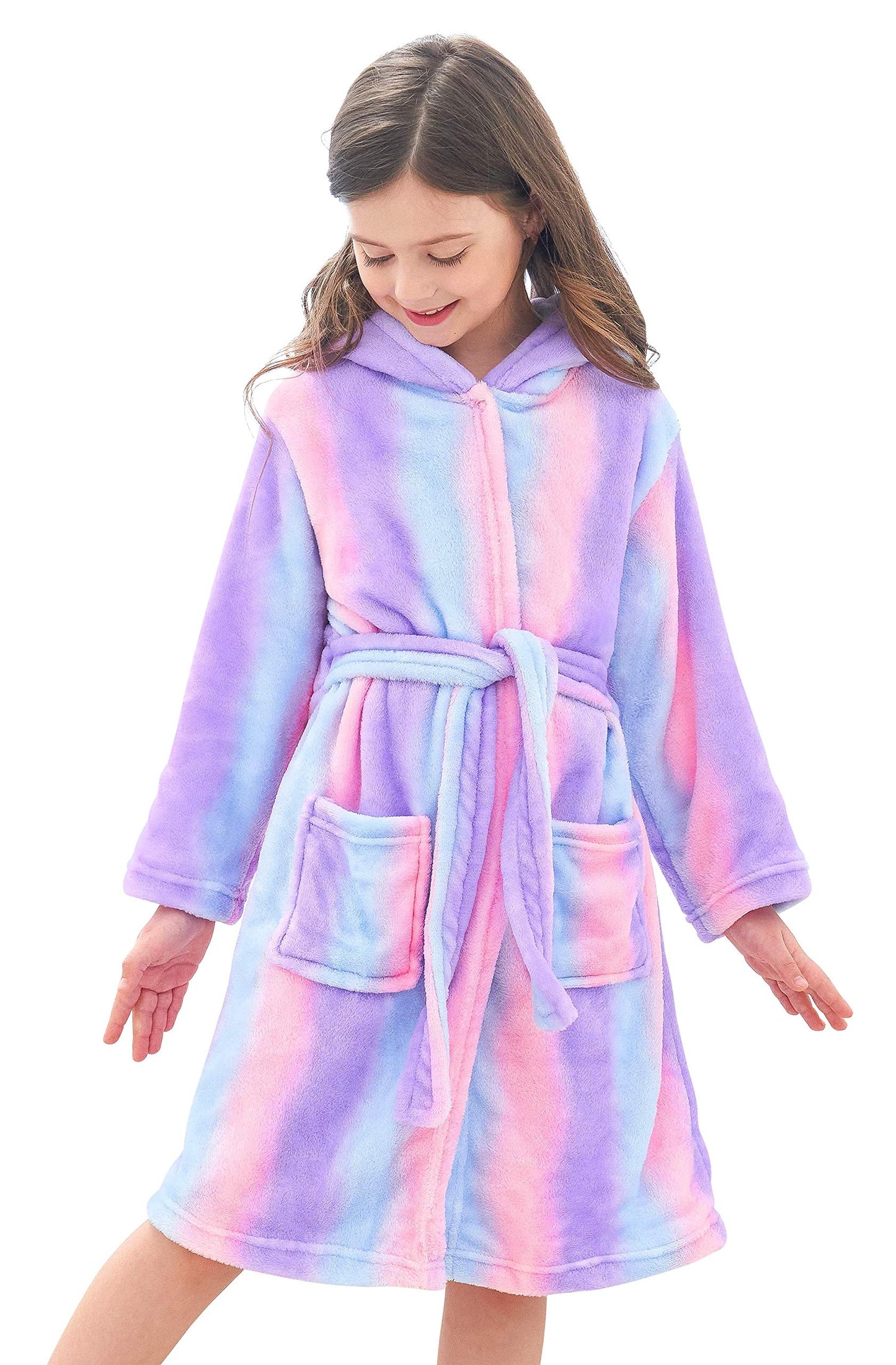 Unicorn Soft Hooded Rainbow Bathrobe Sleepwear for Girls (Bright Purple, 7-9 Years)