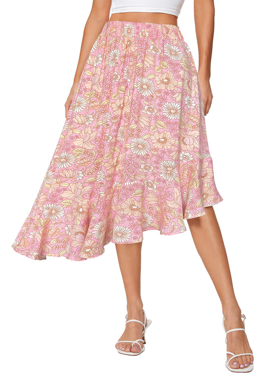 Women's Boho Floral High Waisted High Low Asymmetric Hem Midi Skirt (Large, Pink)