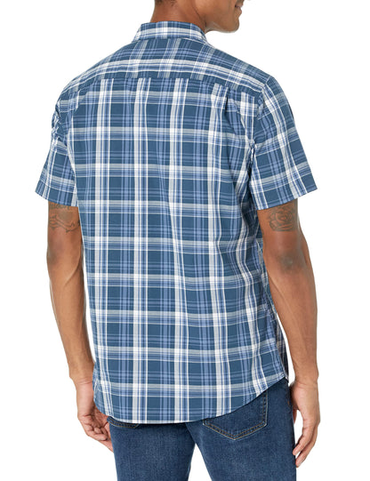 Men's Regular-Fit Short-Sleeve Poplin Shirt, Navy Medium Plaid, X-Large