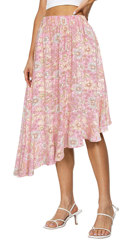 Women's Boho Floral High Waisted High Low Asymmetric Hem Midi Skirt (Large, Pink)