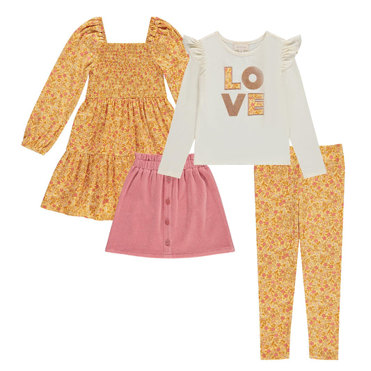 Girls' 4-Pack Outfit: Dress, Skirt, Tee, Leggings, 95% Cotton, 5% Spandex, Sizes 4-12