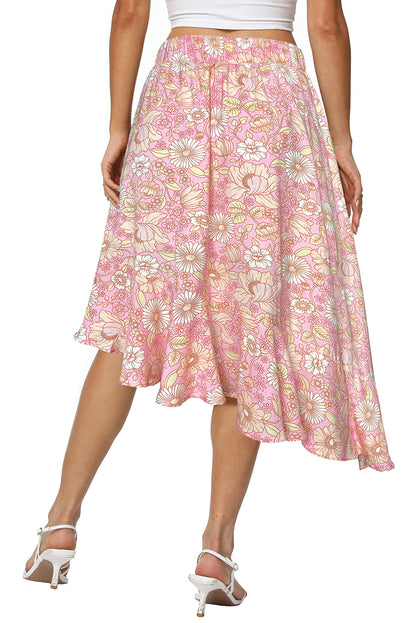 Women's Boho Floral High Waisted High Low Asymmetric Hem Midi Skirt (Large, Pink)